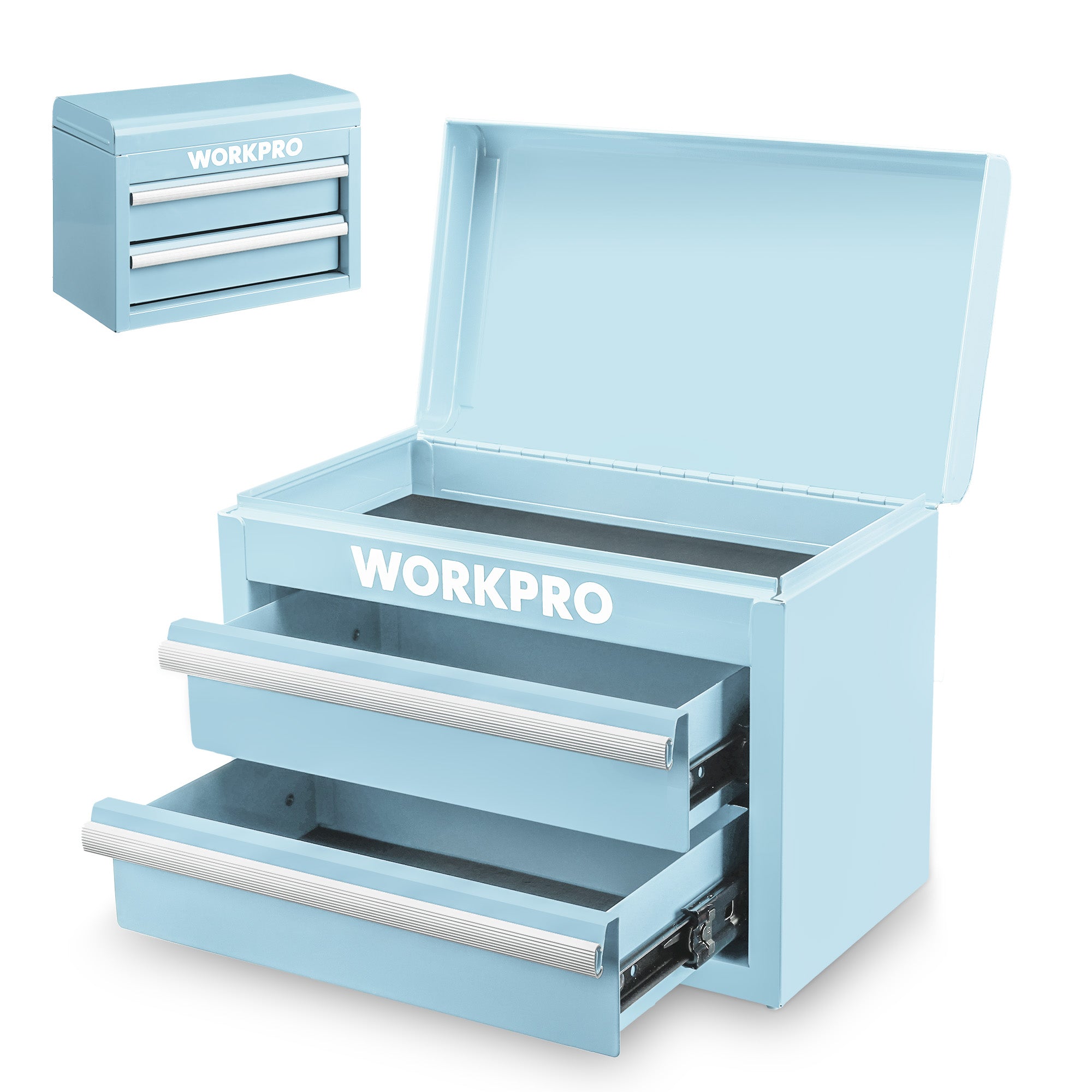 WORKPRO Mini Metal Tool Box with 2 Drawers and Top Storage, Small Tool Chest, Light Blue (upgraded with ball bearing slides)