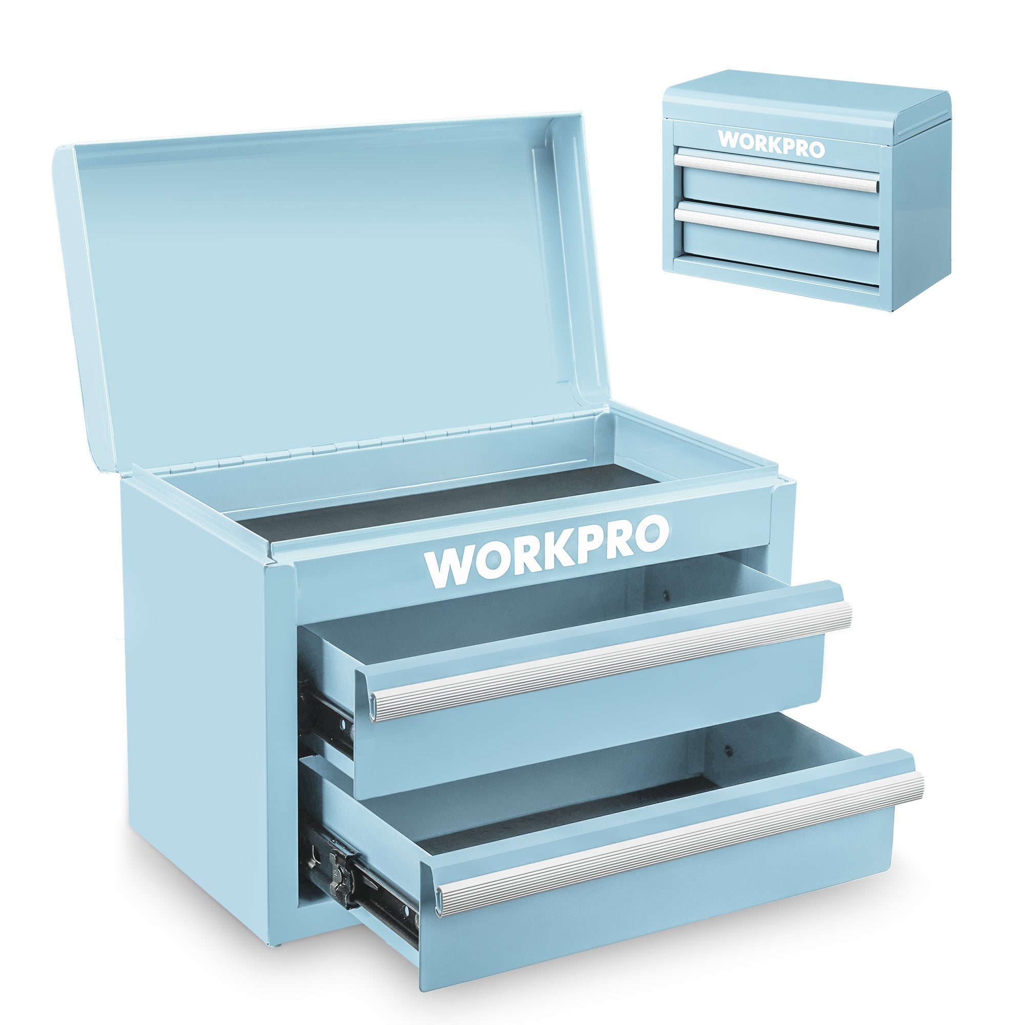 WORKPRO Mini Metal Tool Box with 2 Drawers and Top Storage, Small Tool Chest, Light Blue (upgraded with ball bearing slides)
