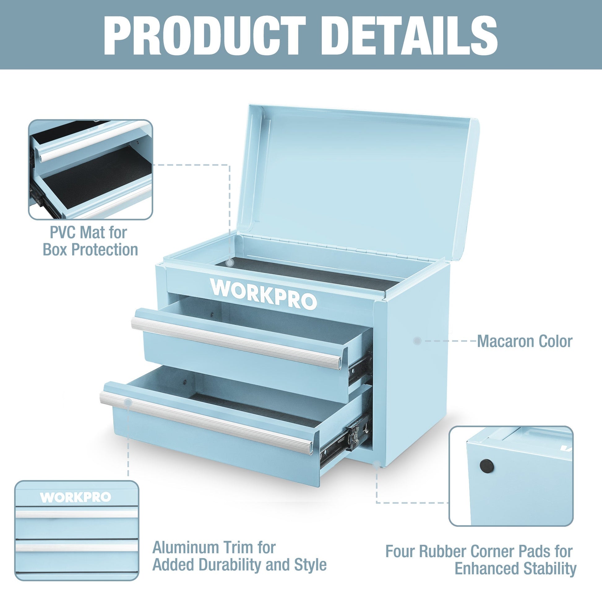 Light blue mini metal tool box with two drawers, protective PVC mat, and rubber pads
