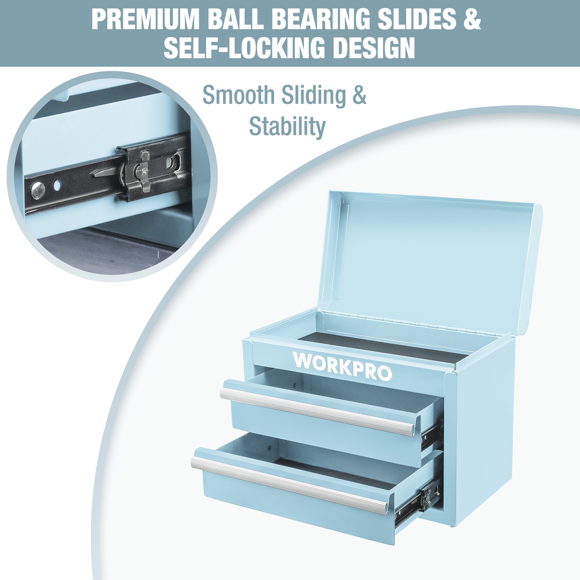 Light blue mini tool chest with two slide drawers and open top compartment