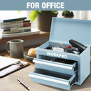 WORKPRO Mini Metal Tool Box with 2 Drawers and Top Storage, Small Tool Chest, Blue