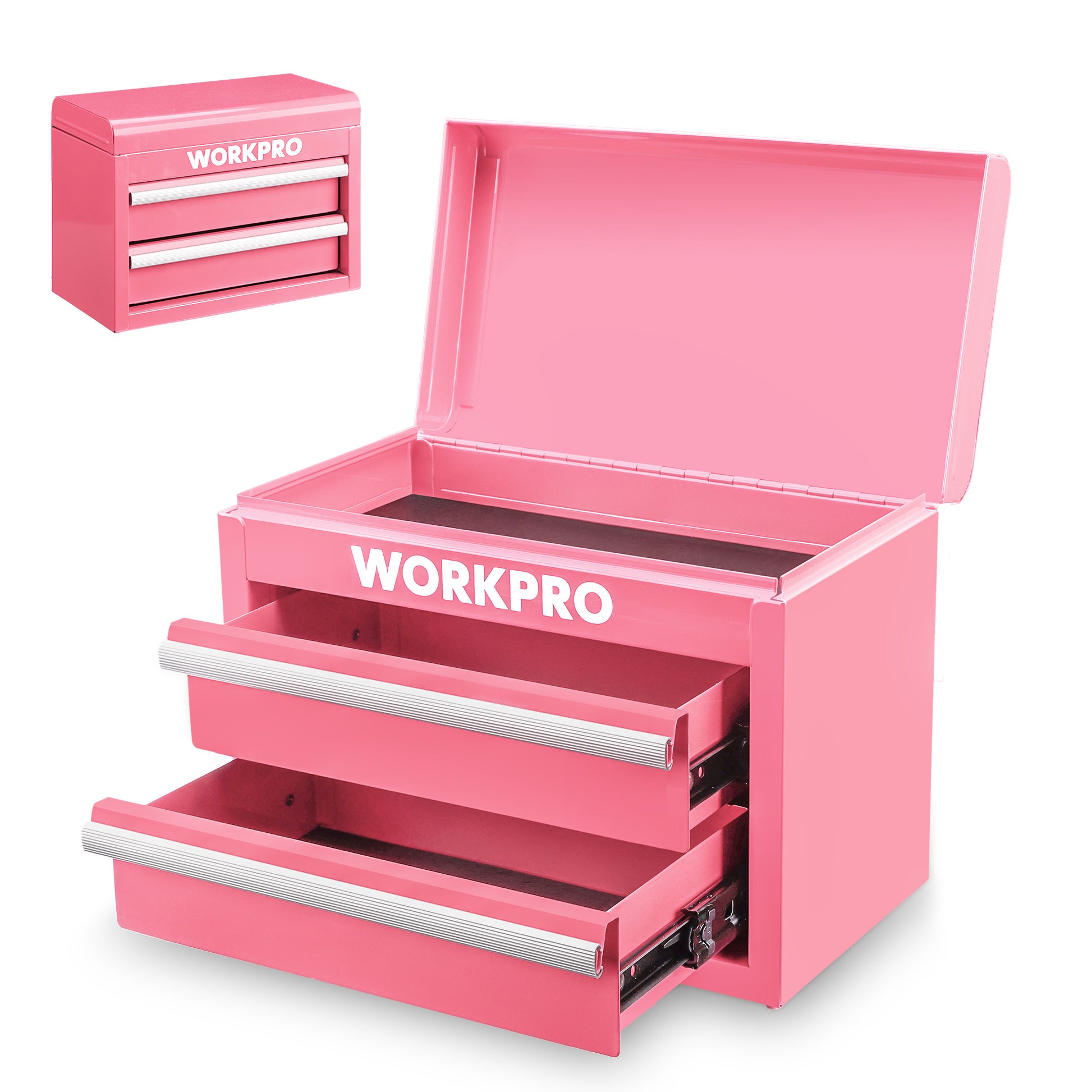 Pink mini metal tool box with two drawers and top lid storage, angled view