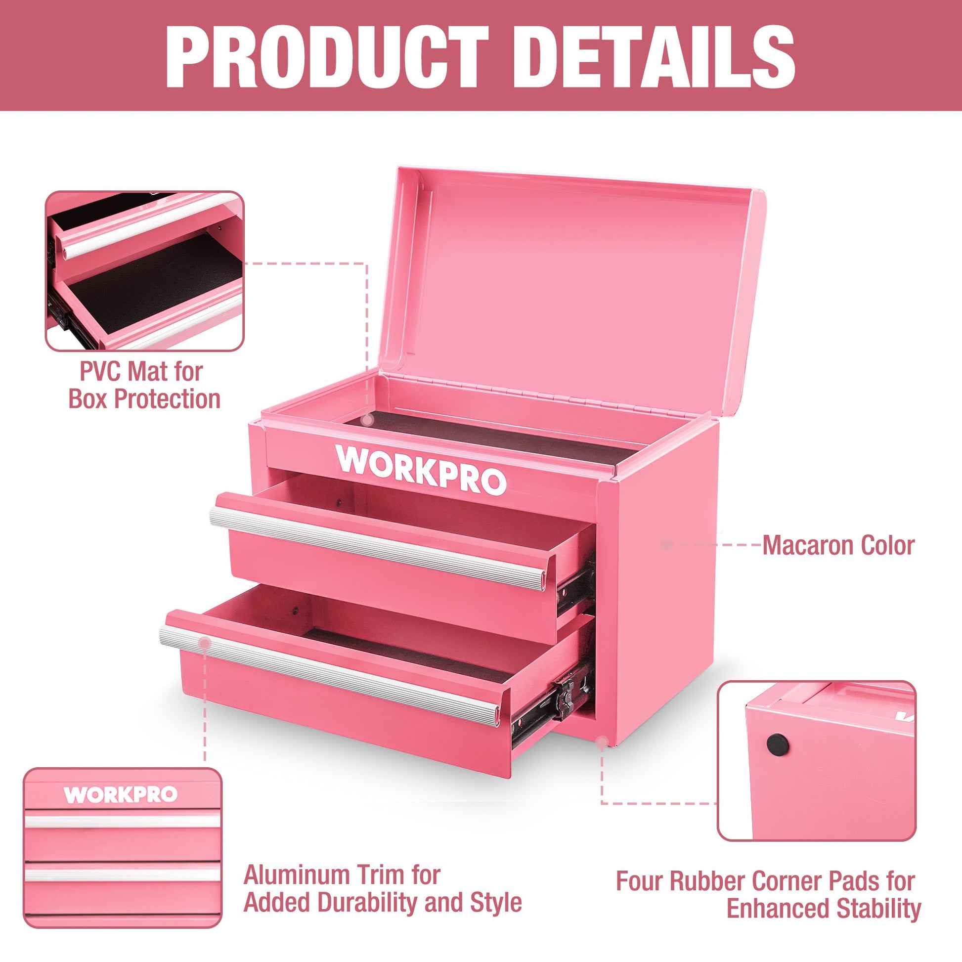 Pink mini metal tool box with two drawers and top lid storage, rubber corner pads
