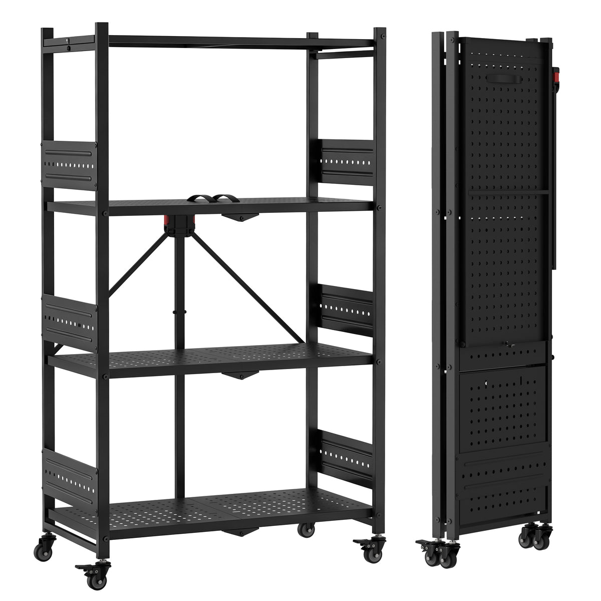 WORKPRO 4-Tier Folding Shelf, No-Assembly Metal Storage Rack with Wheels, 600 lbs Capacity (with Leveling Feet), Collapsible Shelving Unit for Kitchen, Pantry, Bathroom & Closet Organization
