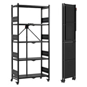 WORKPRO 5-tier folding shelf metal storage rack with wheels in black, durable quality and secure stability