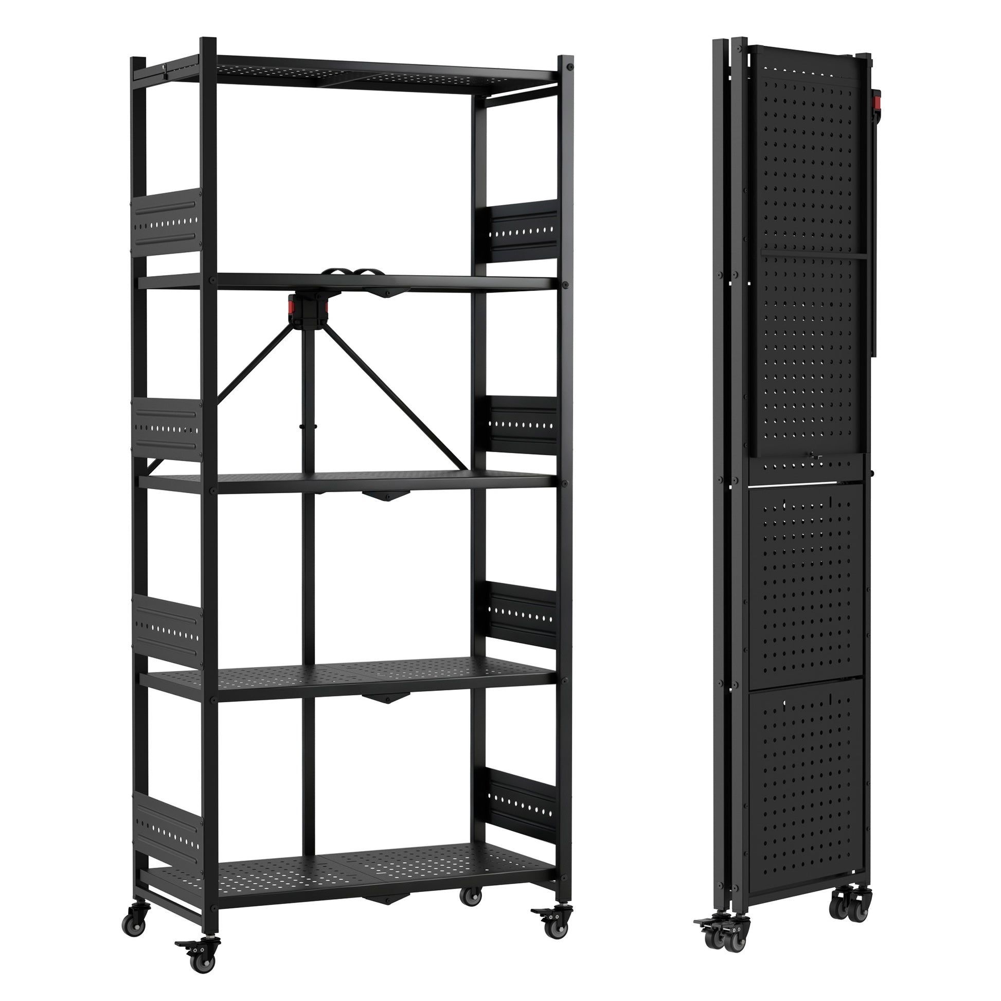 WORKPRO 5-tier folding shelf metal storage rack with wheels in black, durable quality and secure stability