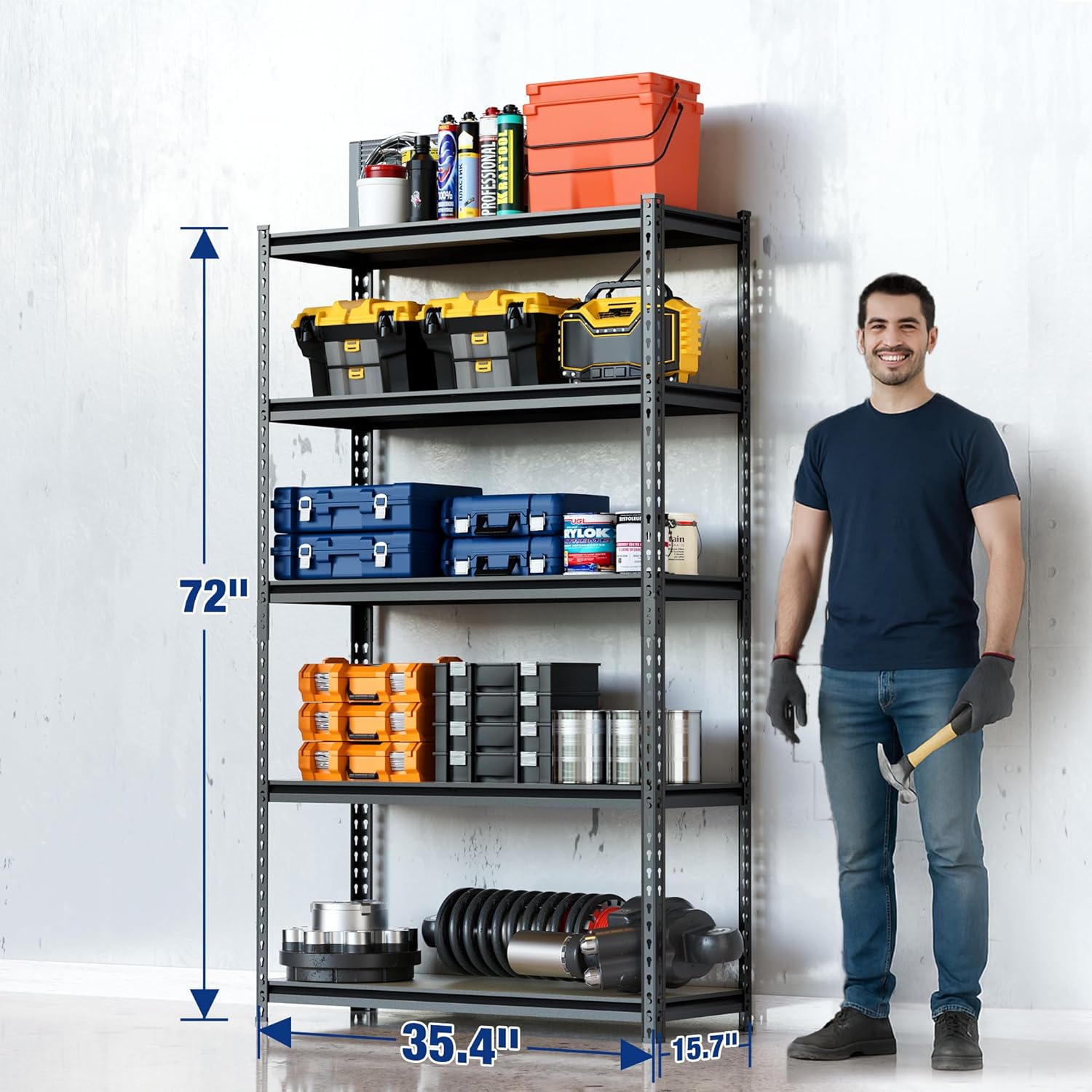 Black 5-tier adjustable metal shelving unit with multiple shelves, shown with storage bins