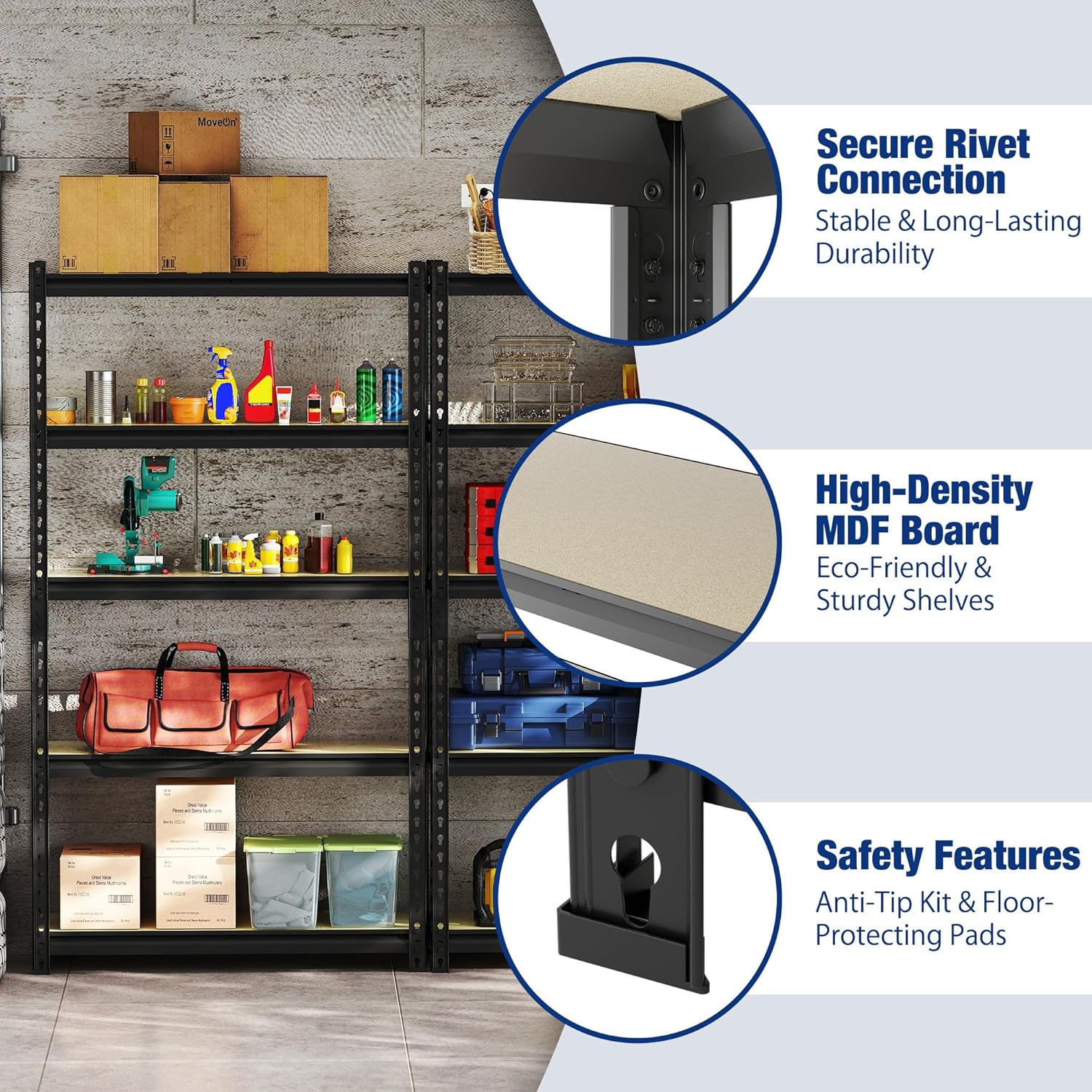 Black metal shelving unit with close-up secure rivet joints, MDF shelves, and anti-tip pads