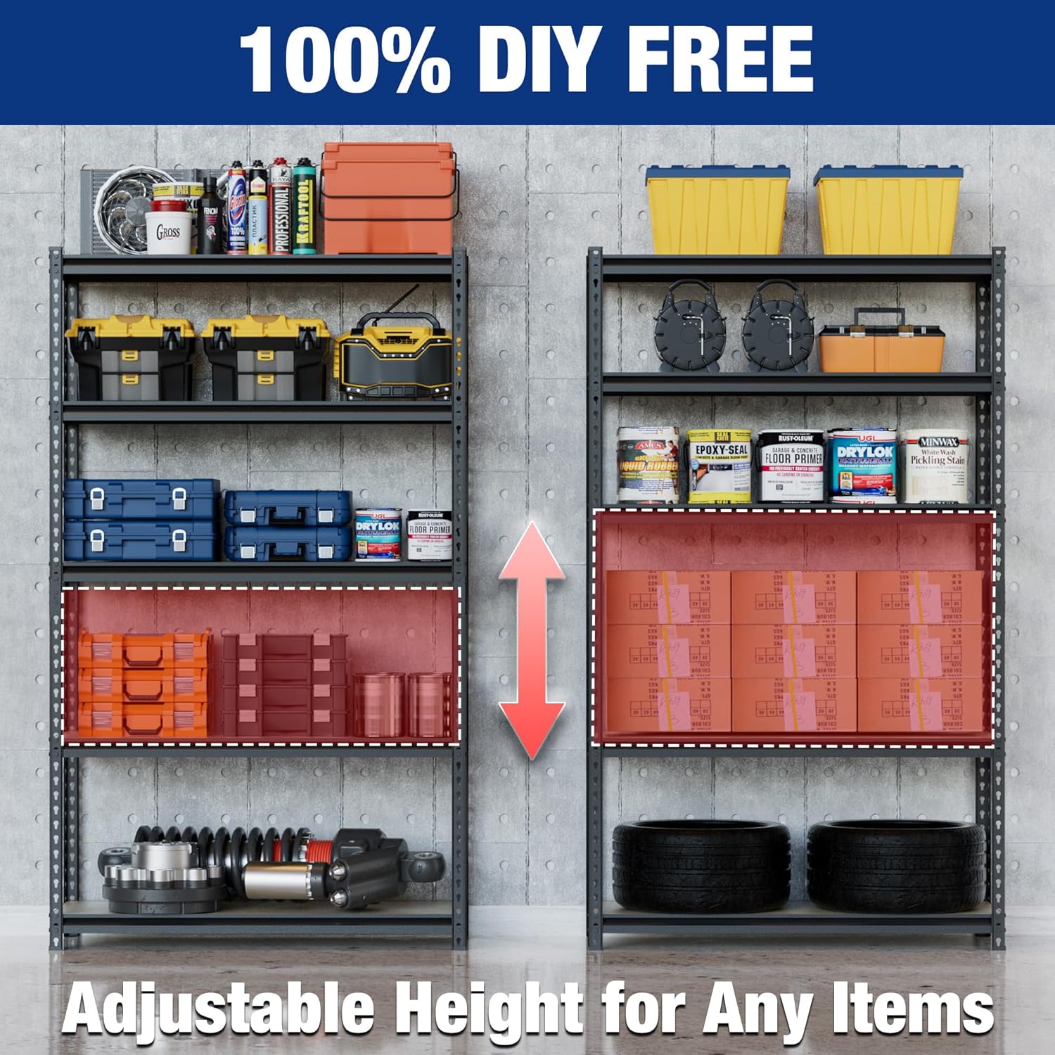 Black 5-tier adjustable metal shelving unit with four open shelves and storage bins.