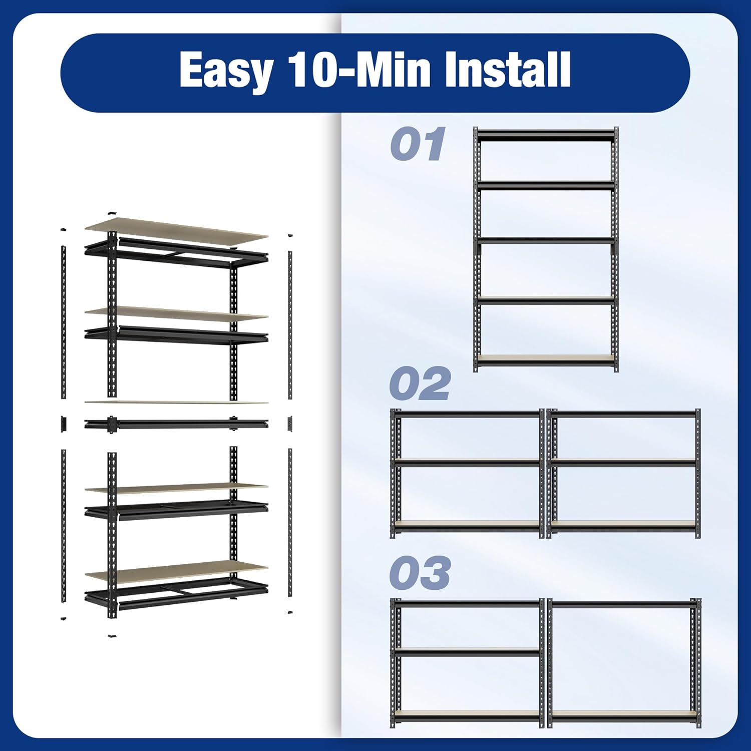 Black metal shelving unit assembly steps showing adjustable frame and cross braces.