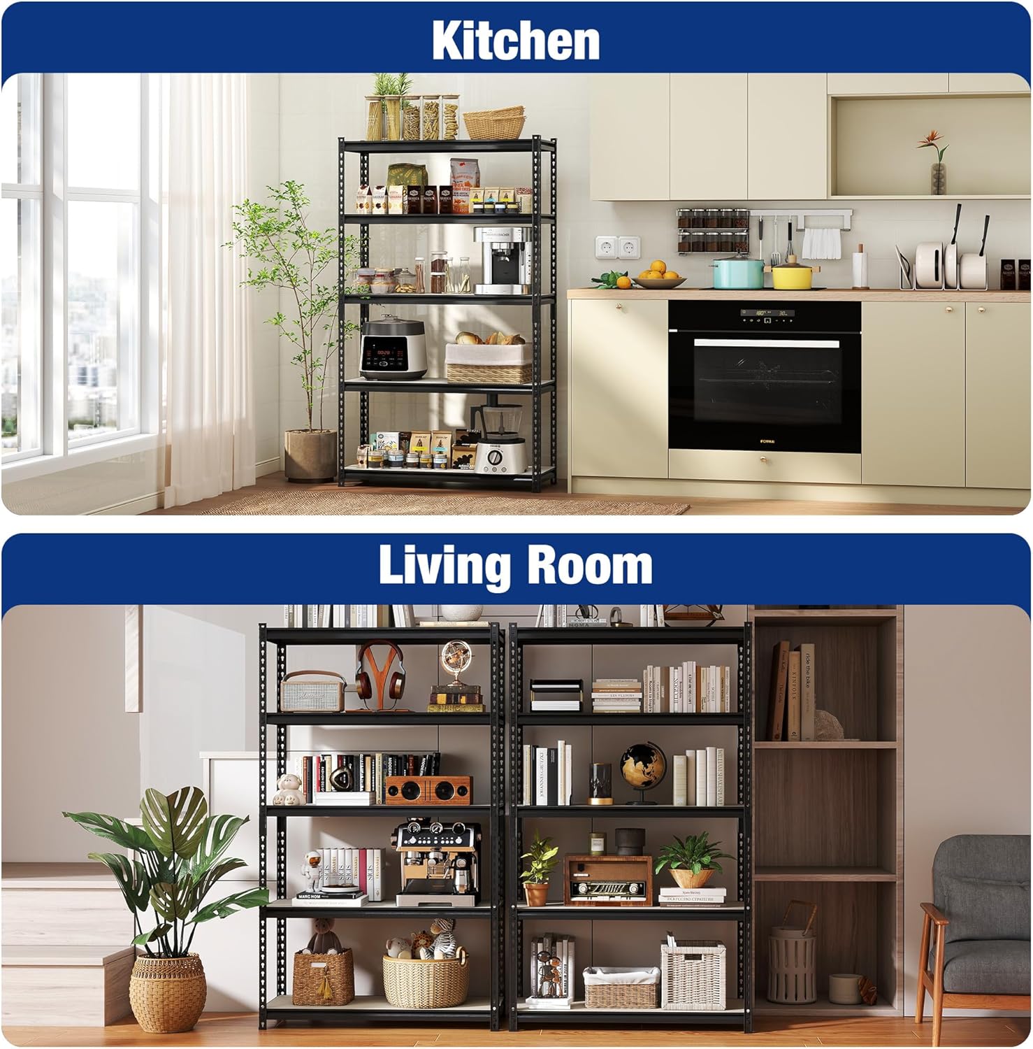 Black metal shelving unit displayed in kitchen and living room with multiple stocked shelves.
