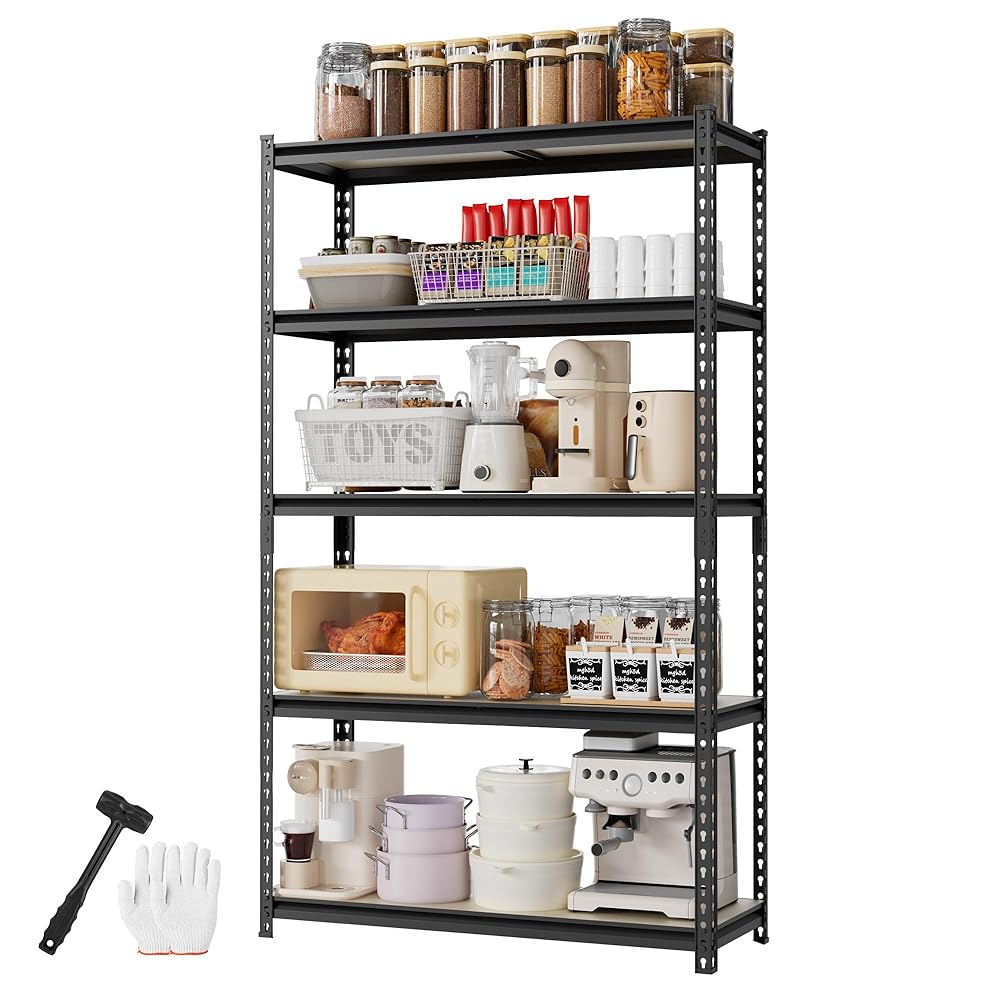 Black 5-tier metal shelving unit with organized kitchen storage and included gloves