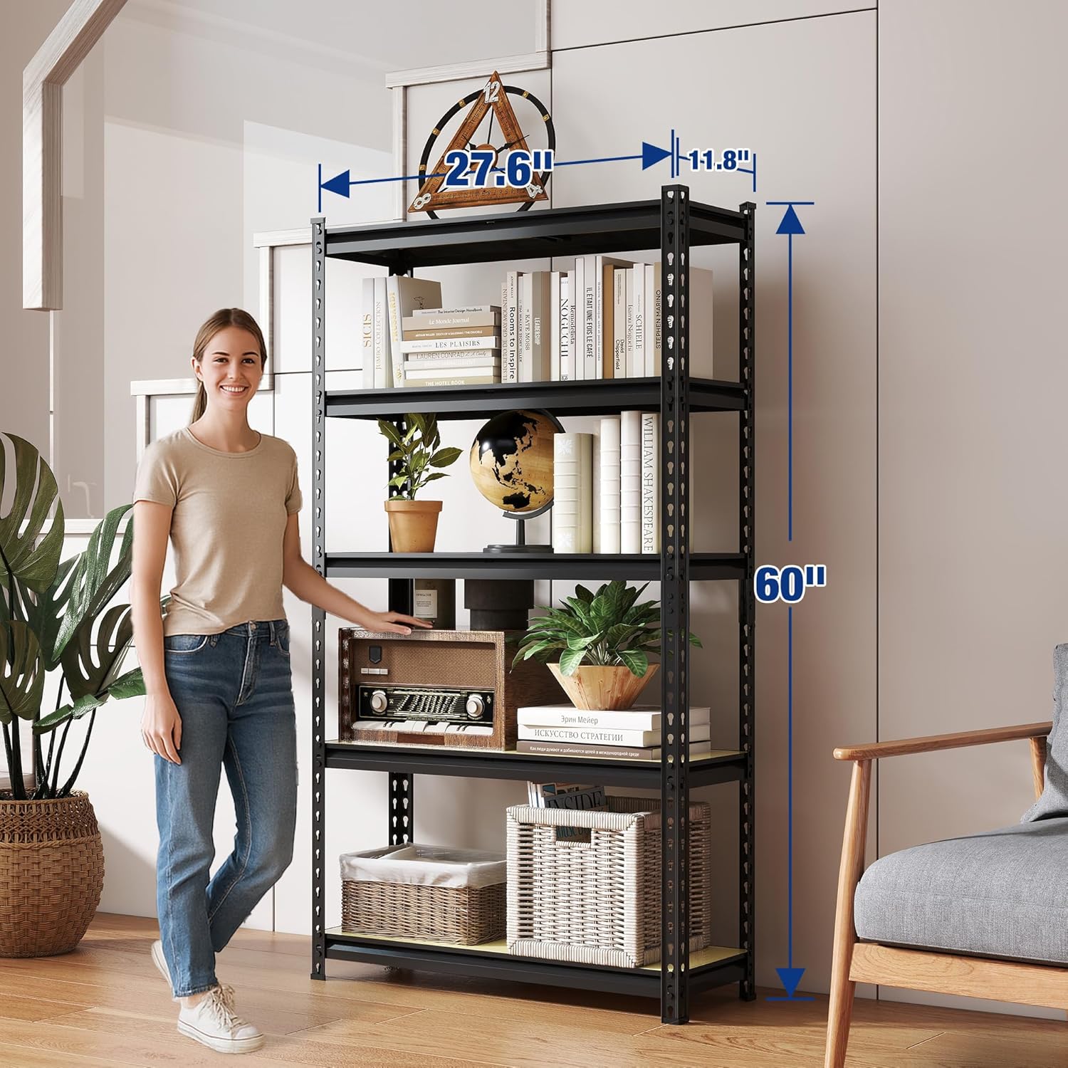 Black 5-tier metal shelving unit with height measurement and open shelves holding items.