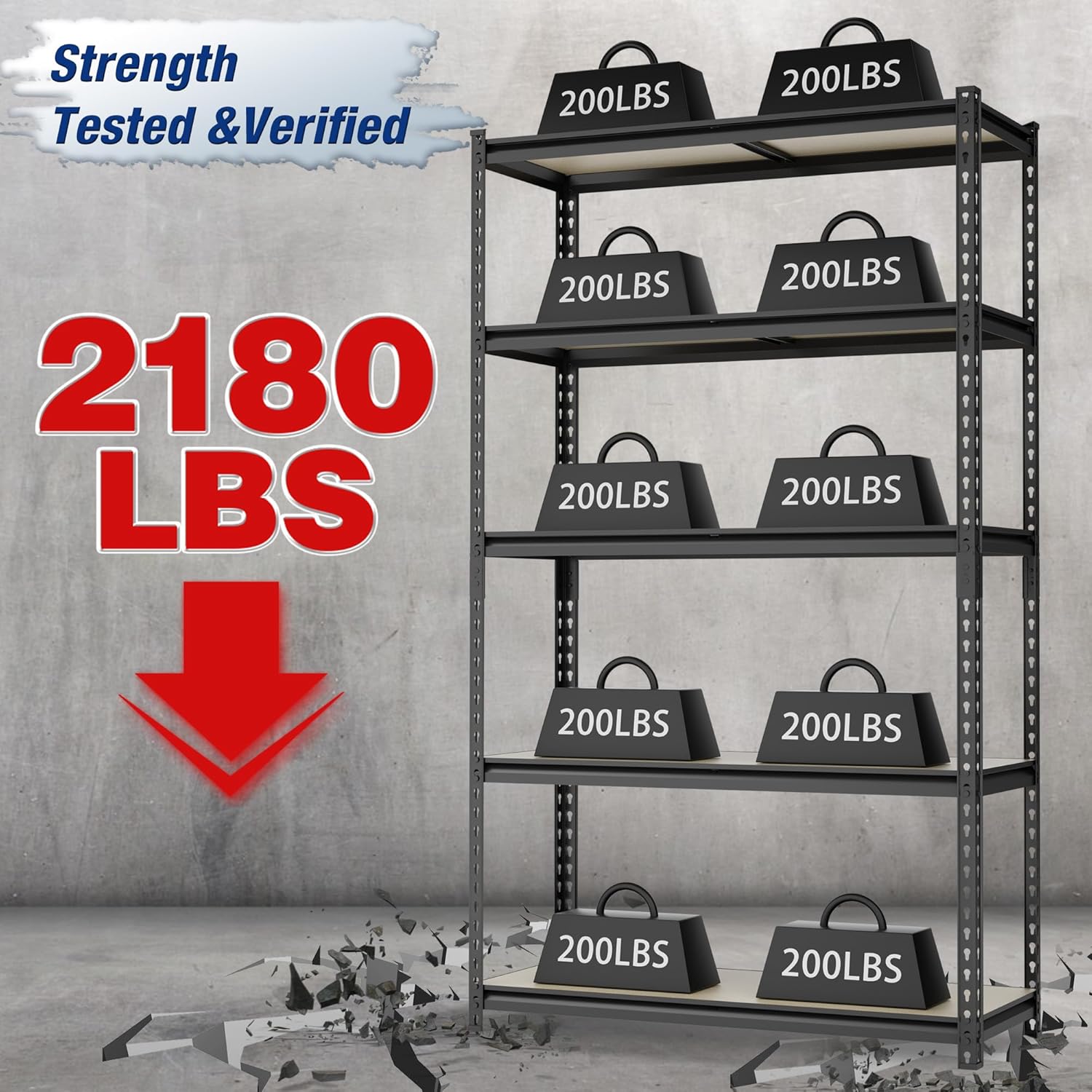 Black 5-tier metal shelving unit with perforated uprights and 200 lb load markers