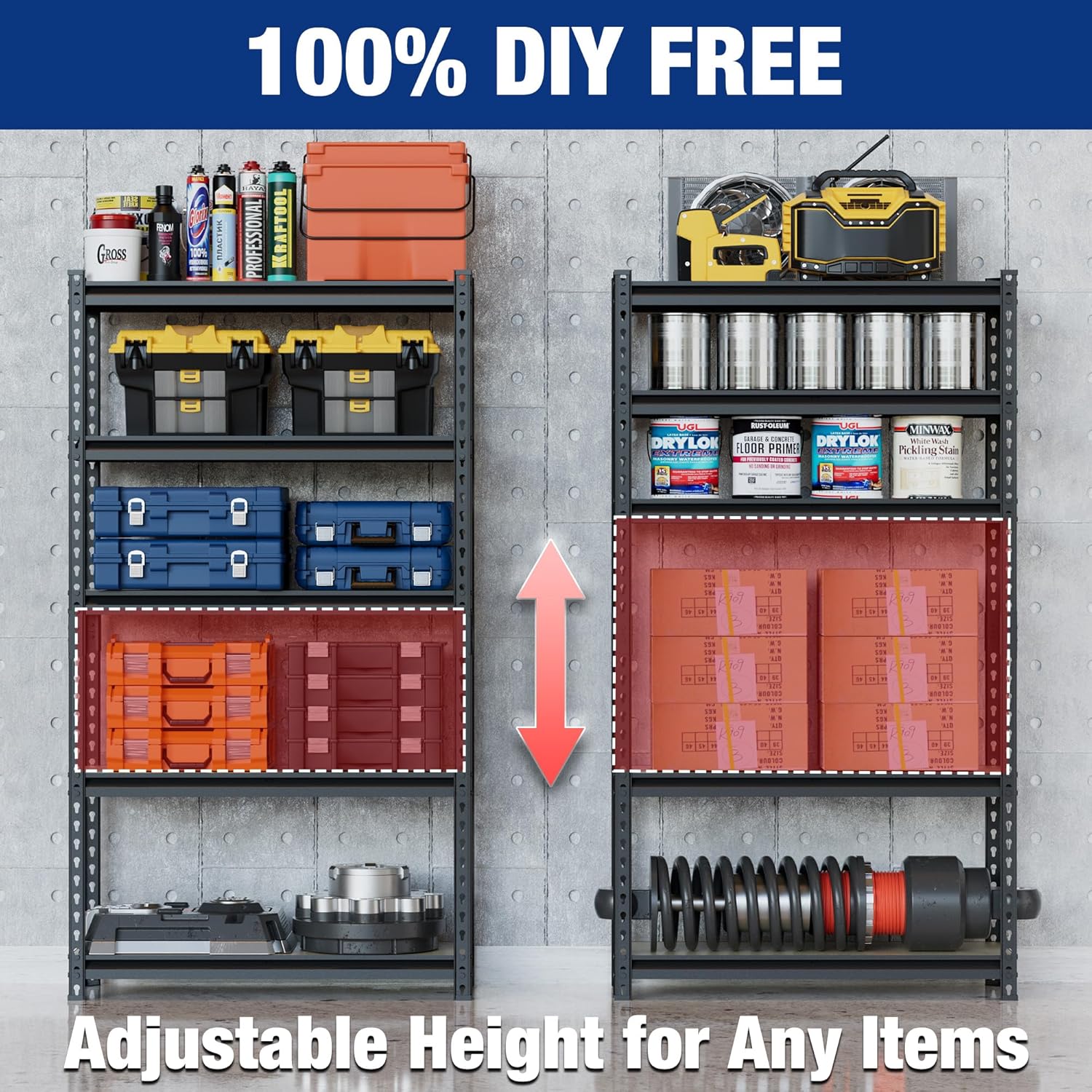 Black adjustable 5-tier metal shelving unit with varying height shelves for storage.