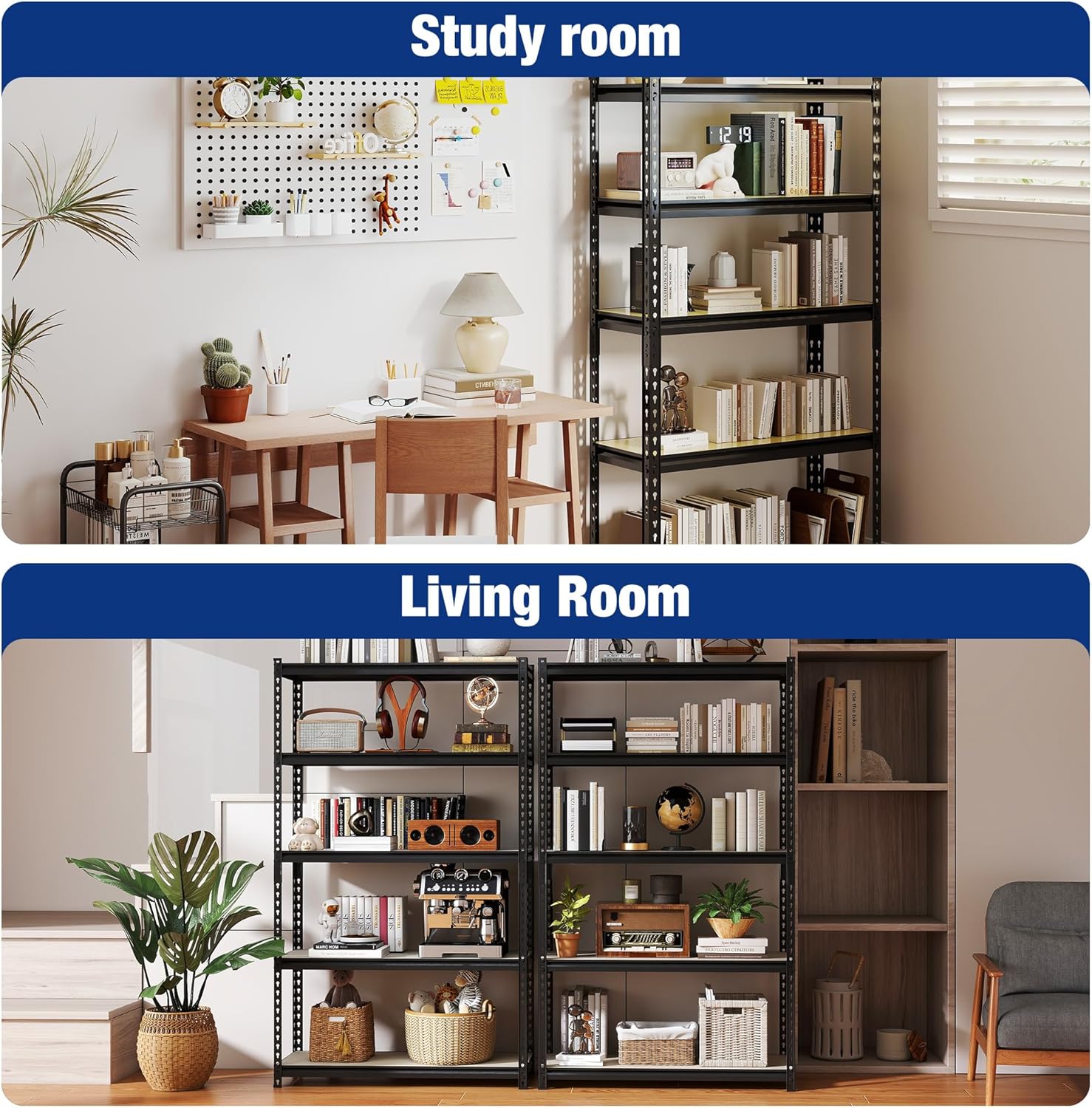 Black 5-tier metal shelving unit in a room with books and decor on open shelves.