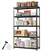 Black 5-tier metal shelving unit holding kitchen supplies and pantry goods on shelves