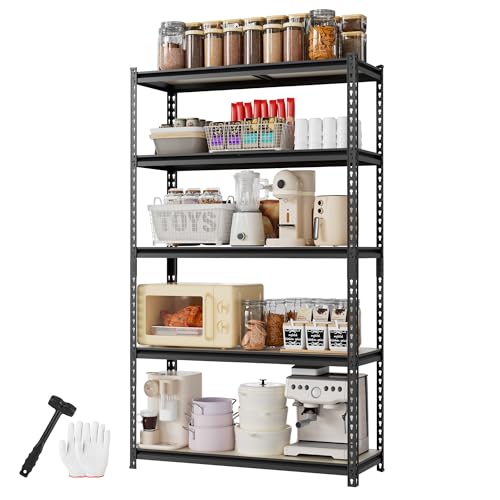 Black 5-tier metal shelving unit holding kitchen supplies and pantry goods on shelves