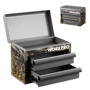 Camouflage green mini metal toolbox with two front drawers and hinged top lid open
