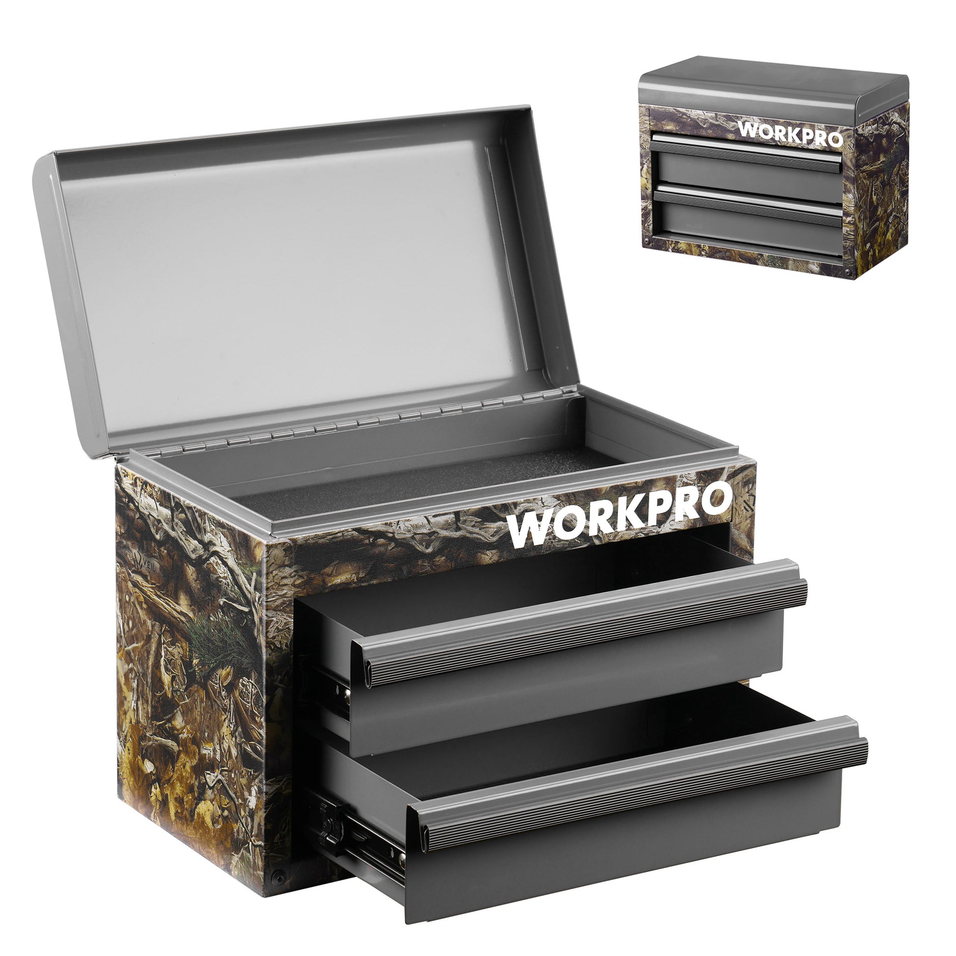 Camouflage green mini metal toolbox with two front drawers and hinged top lid open