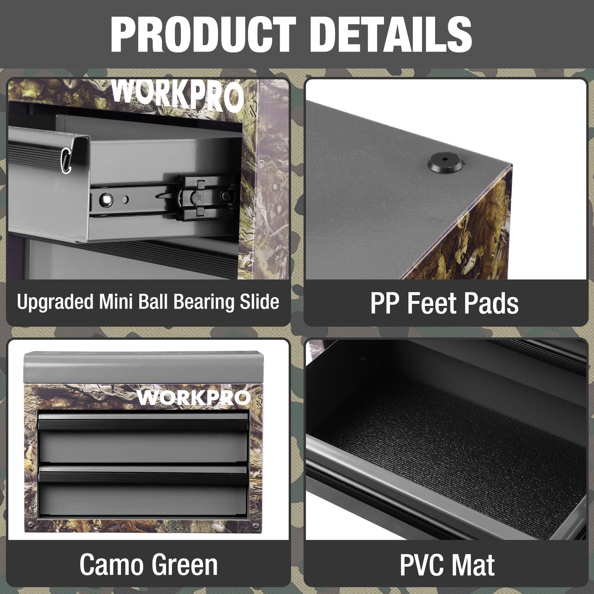 Camouflage green mini metal toolbox detail: ball-bearing slide and PP feet pads