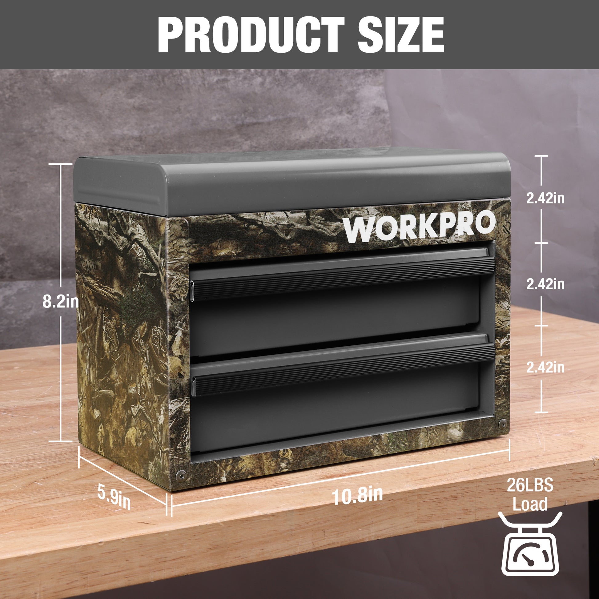 Camouflage green mini metal toolbox with two drawers and hinged top lid, front view