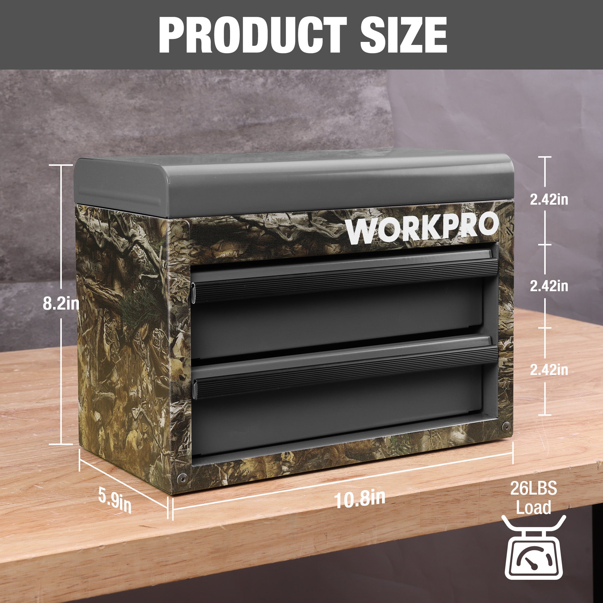 Camouflage green mini metal toolbox with two drawers and hinged top lid, front view