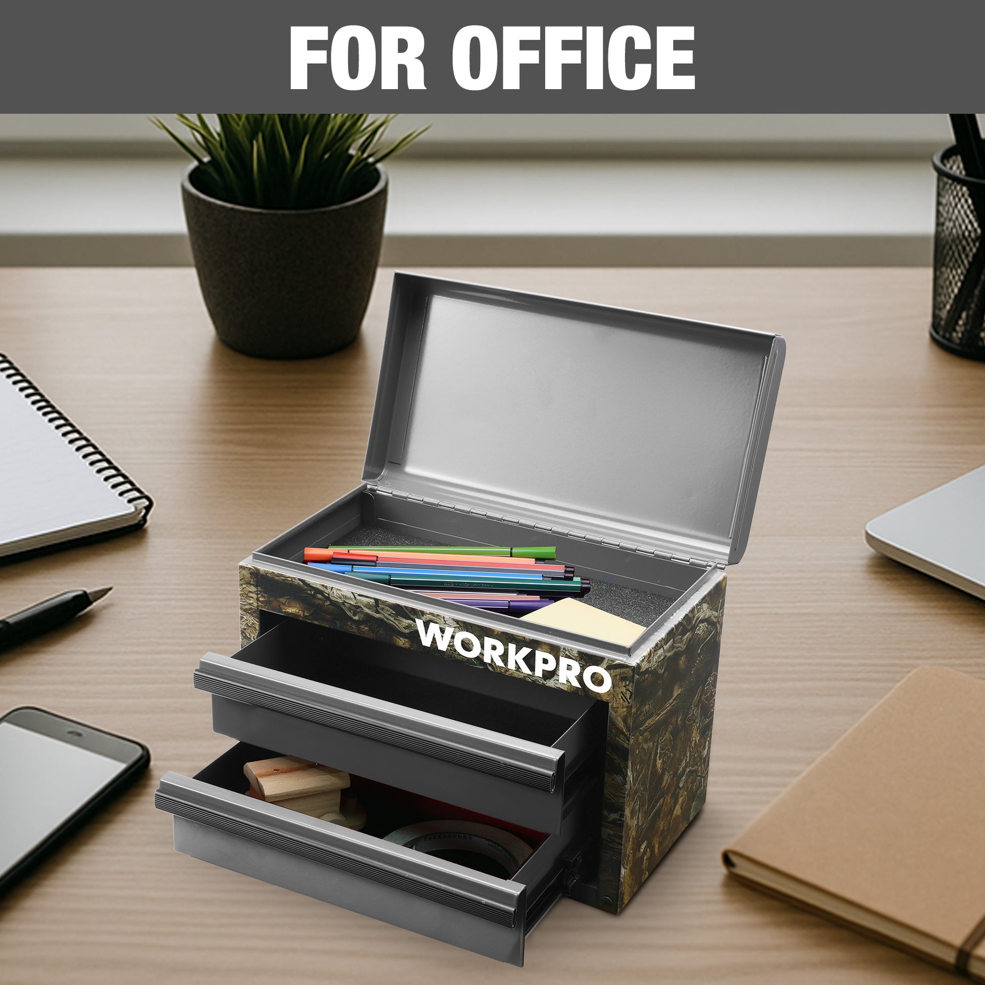 Camouflage green mini metal toolbox open with two gray drawers and top tray