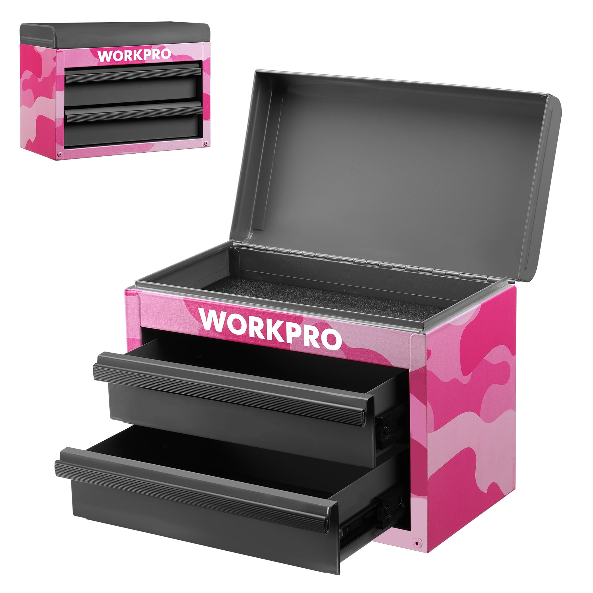 Pink camo metal mini tool box with open lid and two black drawers, front view