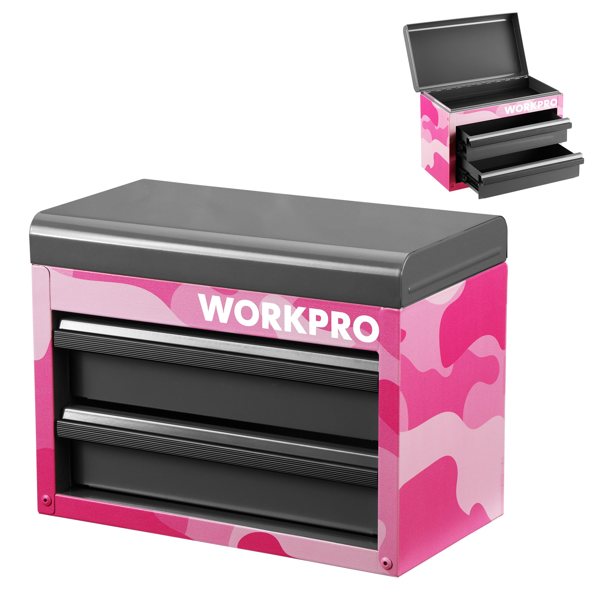 WORKPRO Mini Tool Box, 2-Drawer Metal Tool Chest with Ball Bearing Slides, Top Storage, Pink Camo (W)