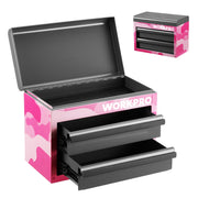 Pink camo mini metal tool box with open lid and two black drawers, top storage