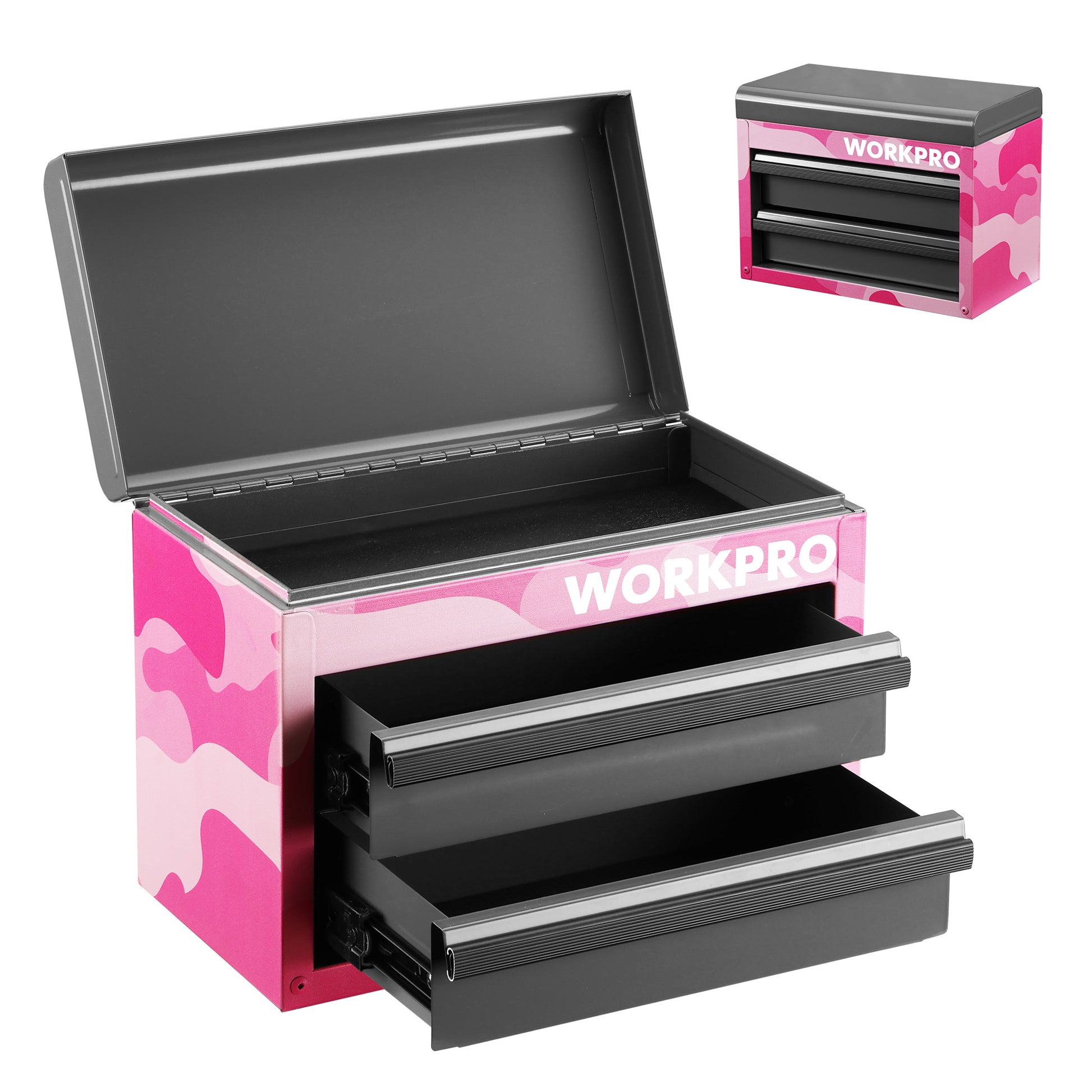 Pink camo mini metal tool box with open lid and two black drawers, top storage