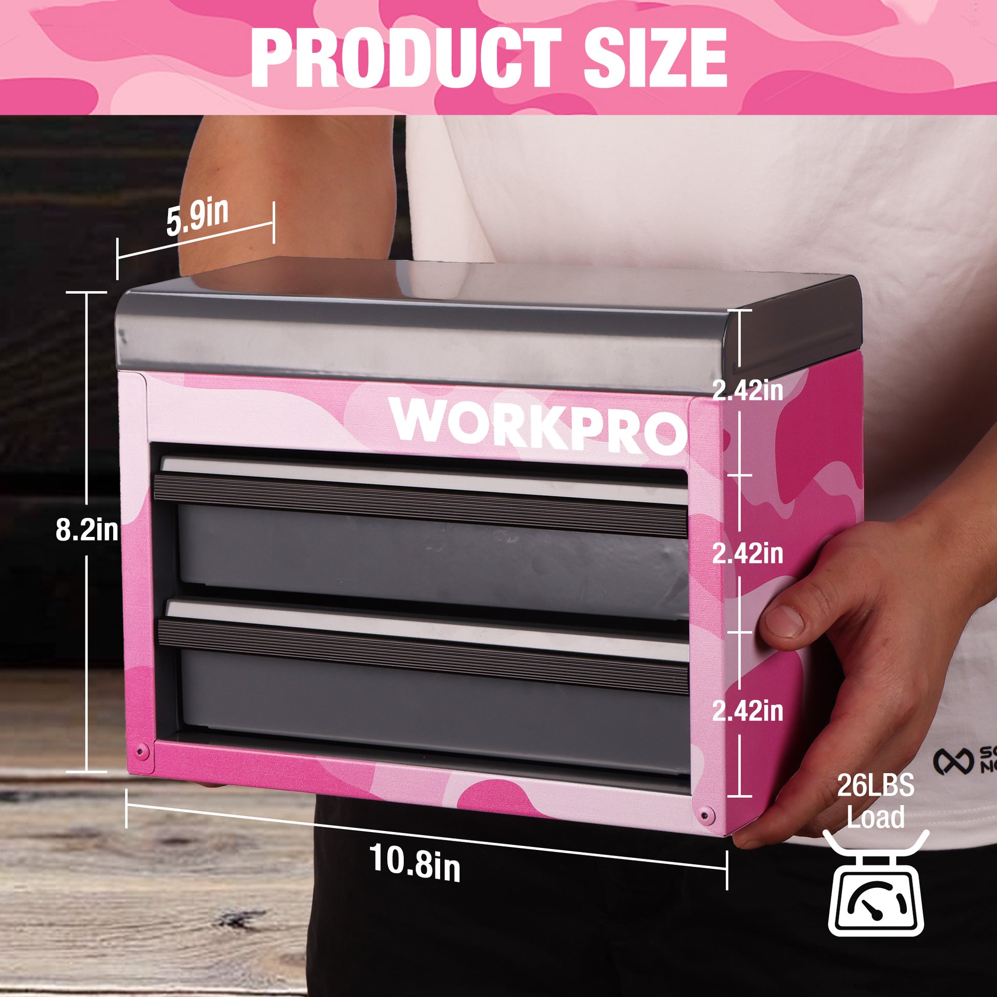 Pink camouflage mini metal tool chest with two open drawers and gray top, pushed by hand