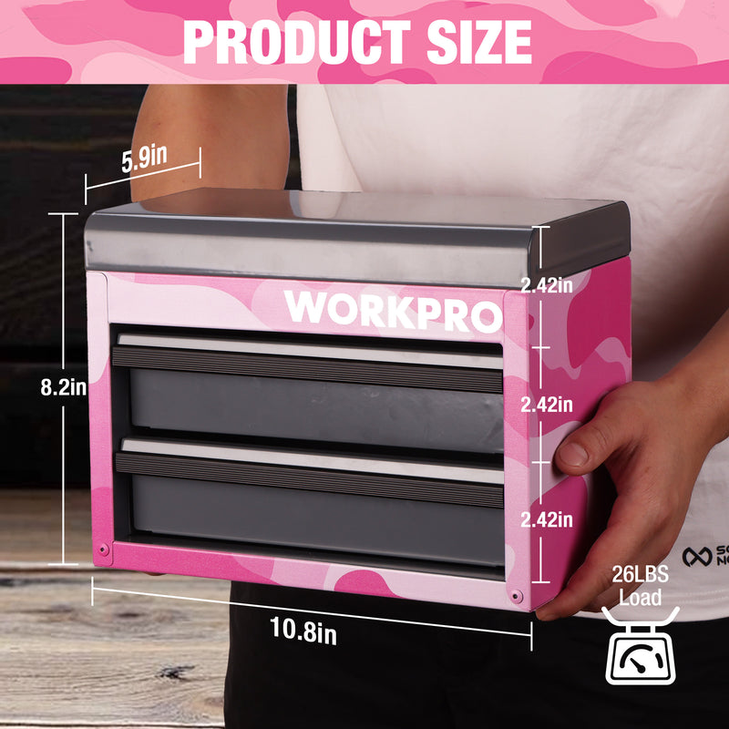 WORKPRO Mini Tool Box, 2-Drawer Metal Tool Chest with Ball Bearing Slides, Top Storage, Pink Camo (W)
