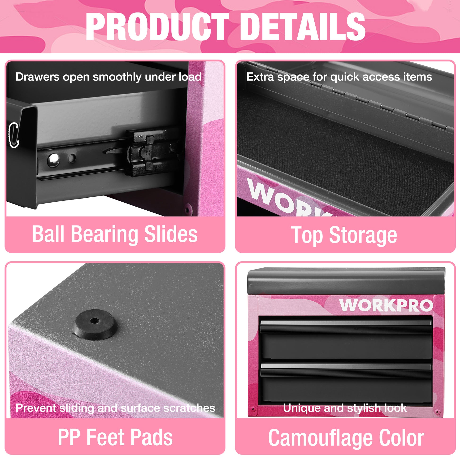 Mini metal tool chest with smooth ball-bearing drawers, top storage compartment, PP feet pads