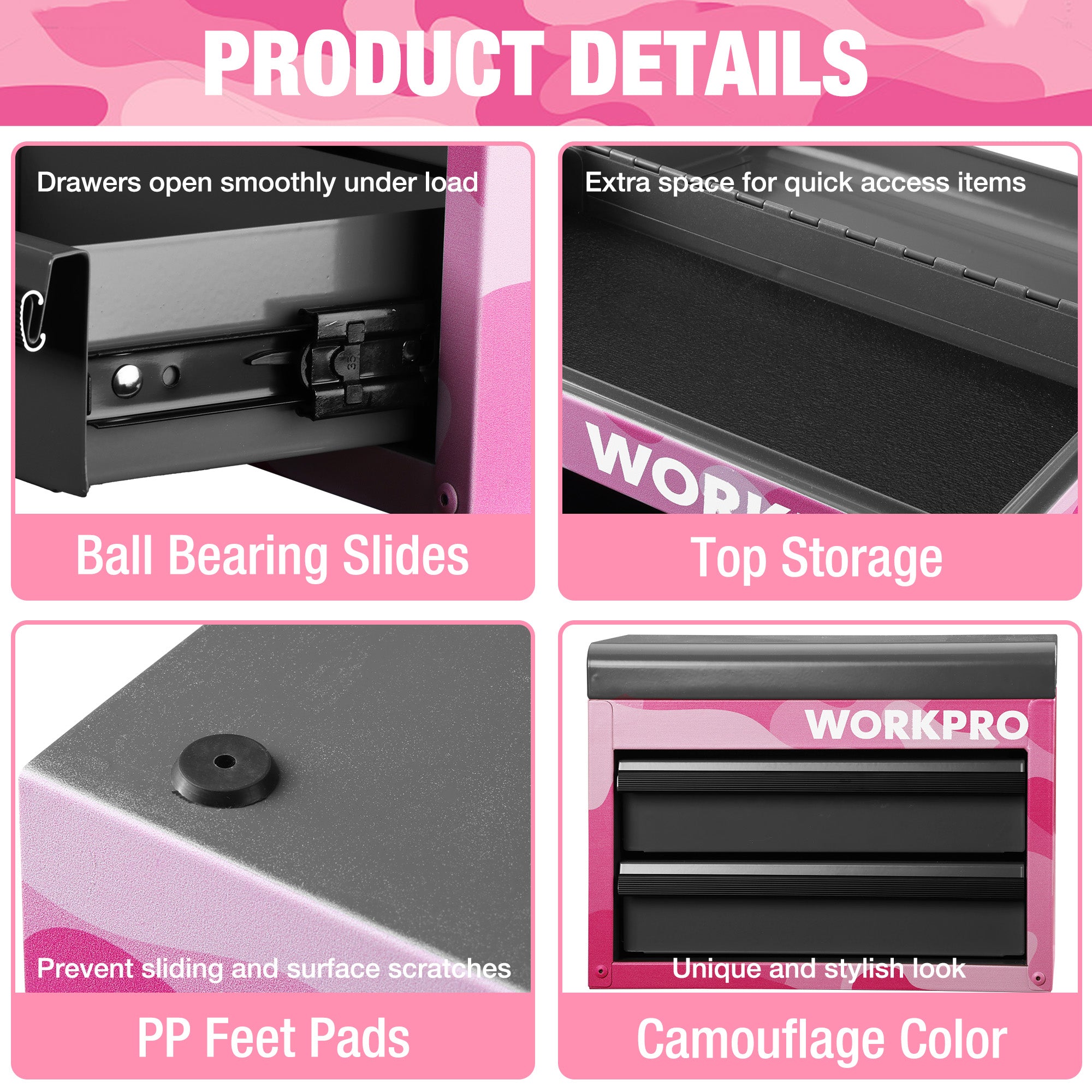 Mini metal tool chest with smooth ball-bearing drawers, top storage compartment, PP feet pads
