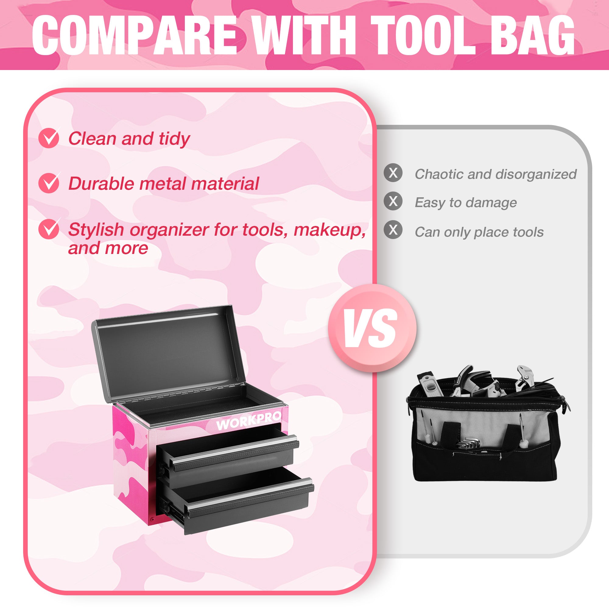 Pink camouflage mini metal tool chest with open gray lid and two slide-out drawers