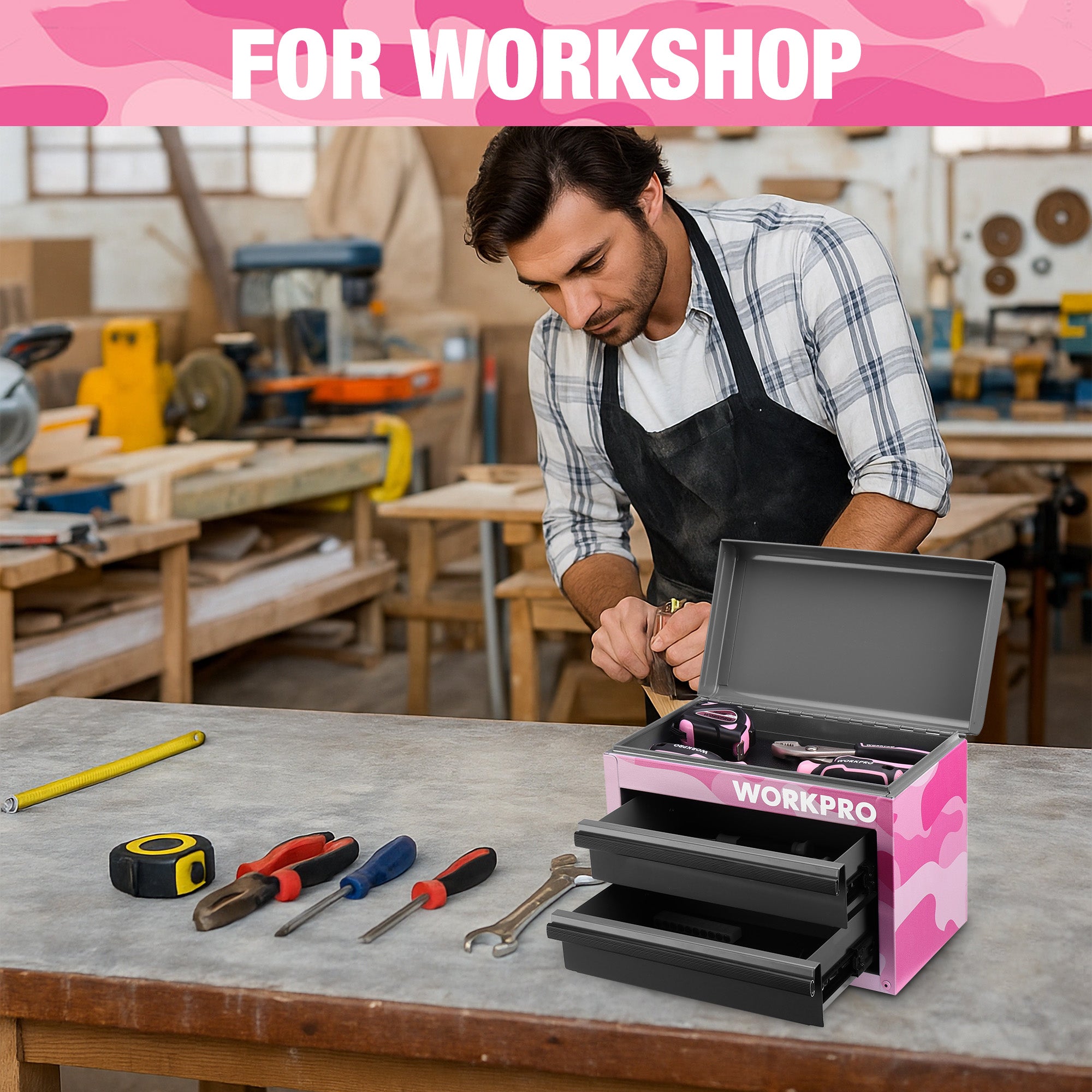 Pink camouflage mini metal tool chest on workbench with drawers open and tools inside