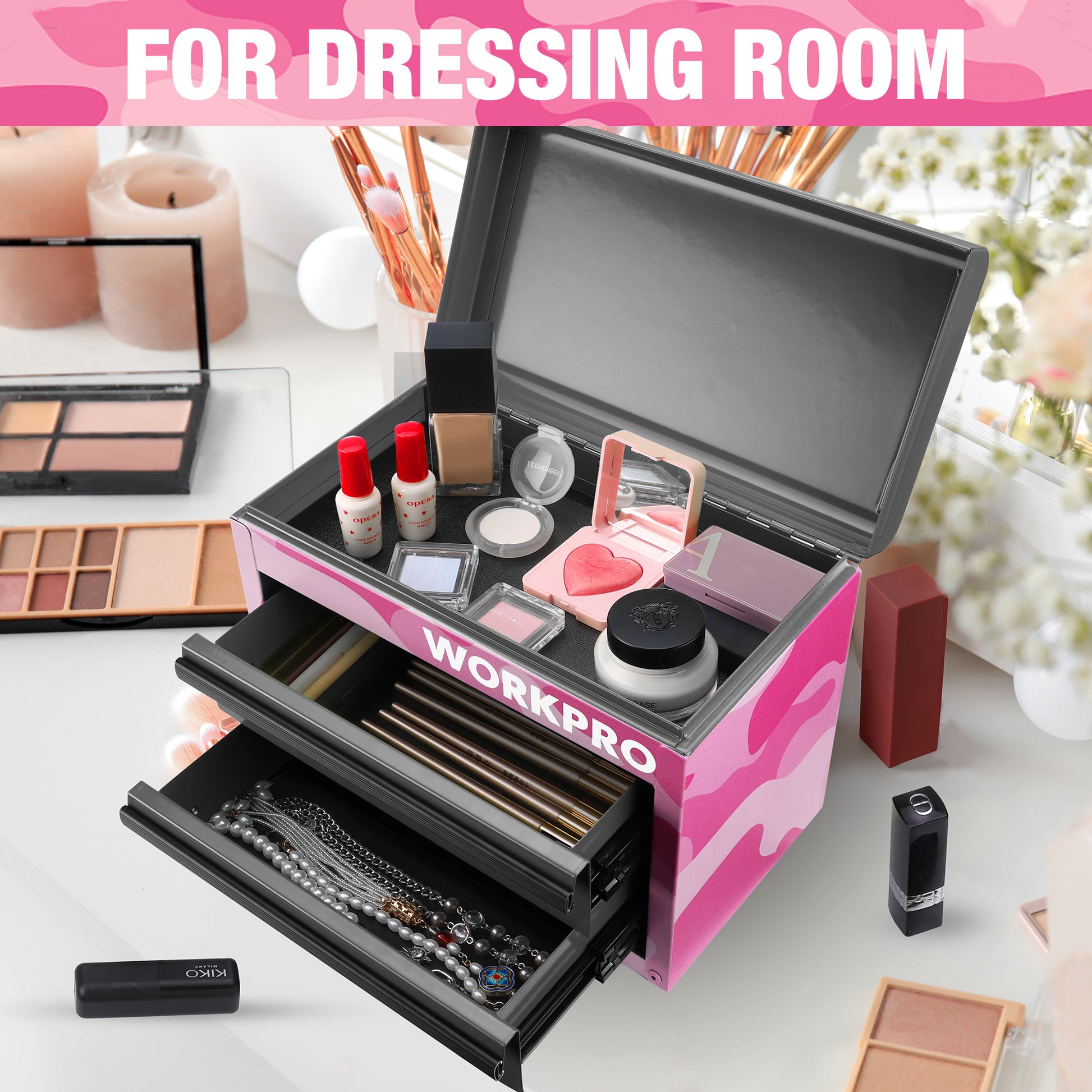 Pink camouflage mini metal tool chest with drawers open, holding cosmetics and small accessories
