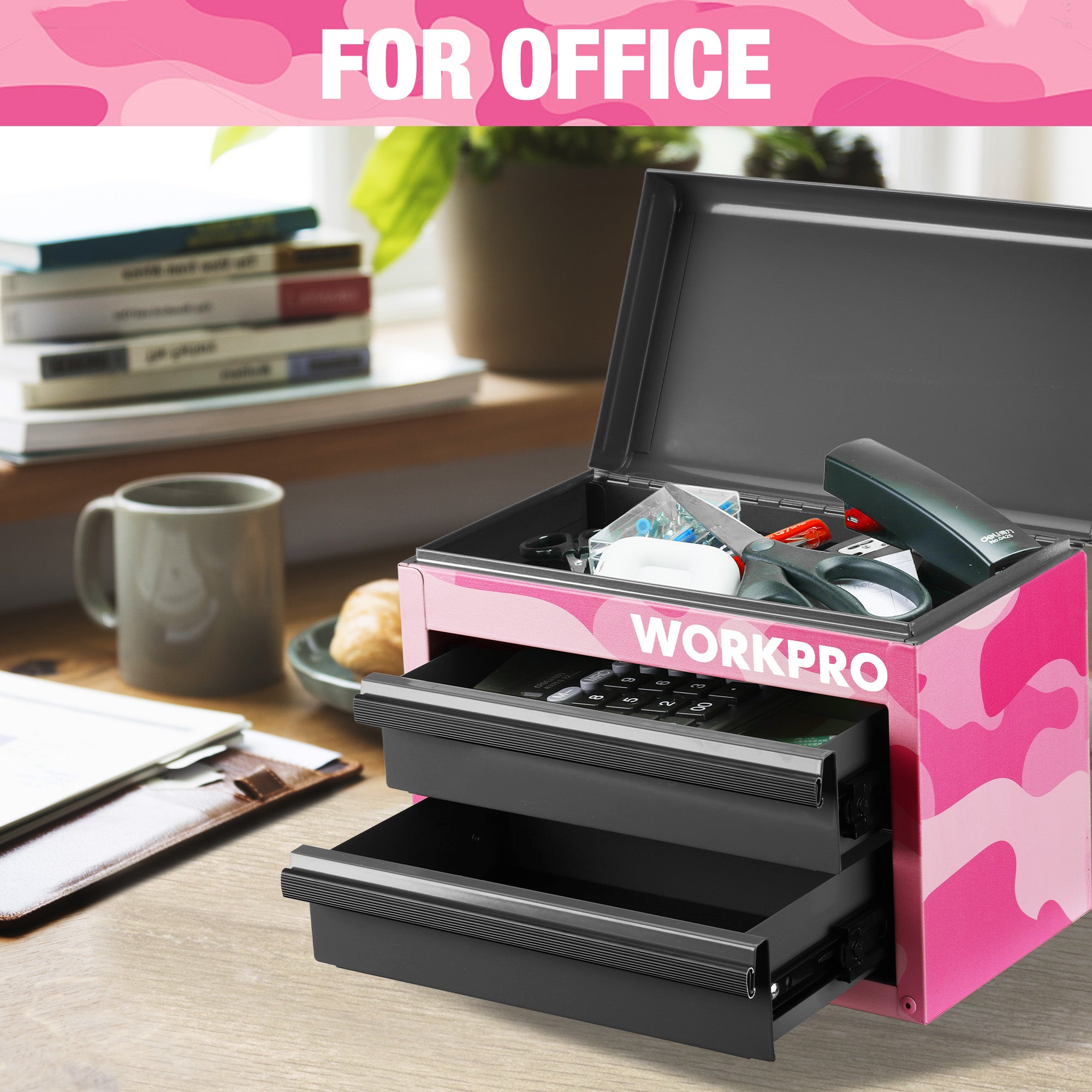 Pink camouflage mini metal tool chest with drawers open, holding office supplies and accessories