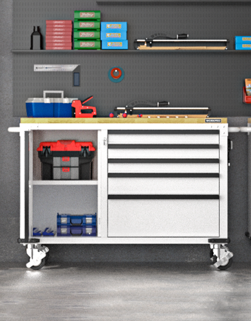 Tool cart with drawers and tools, with innovation and quality, in a workshop pegboard layout