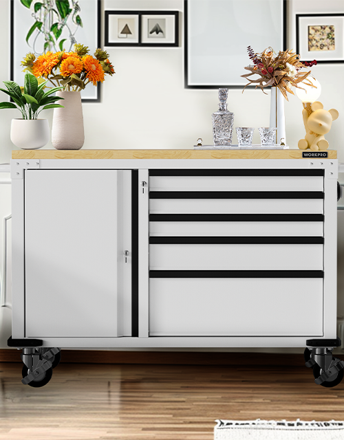 Mobile tool cabinet with open drawers, innovation and quality details, on wheels in a bright room