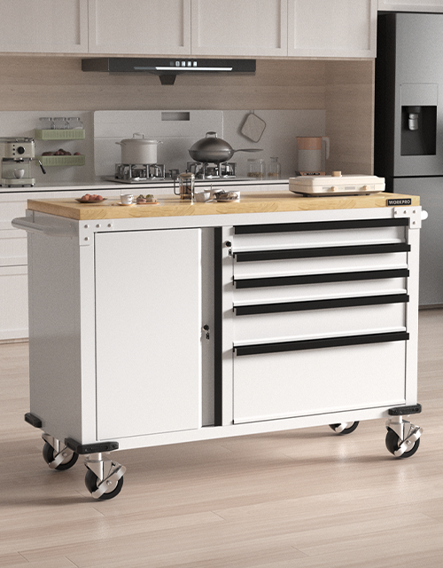 Kitchen tool cart with drawers and shelves, showing innovation and quality in a compact work station