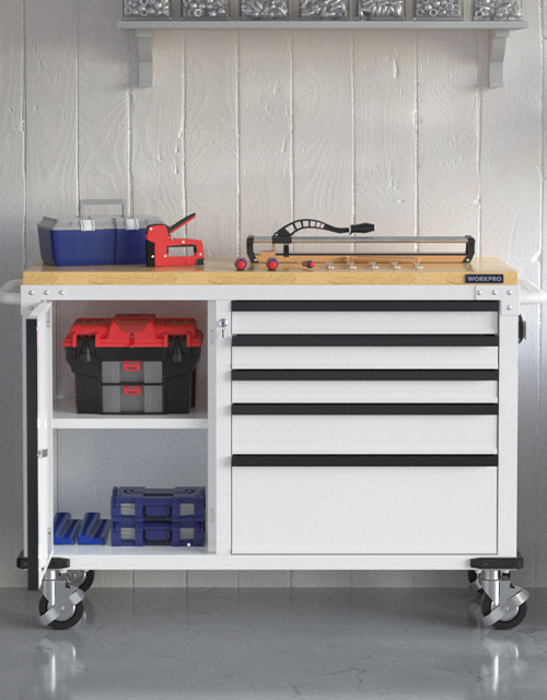 Workbench tool cart with drawers, hand tools, and a red toolbox, showing innovation and quality in a workshop