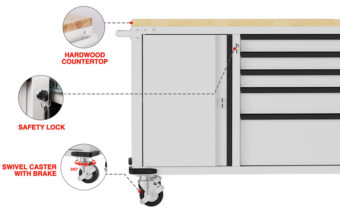 Cabinet with hardwood countertop, safety lock, and swivel caster with brake, showing quality and secure design