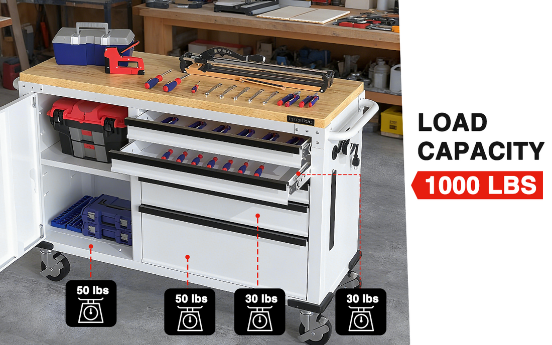 Workbench tool cart with labeled load capacity 1000 lbs, showing drawers and tools in a workshop