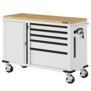White rolling tool chest with 5 drawers, cabinet door, and 4 caster wheels