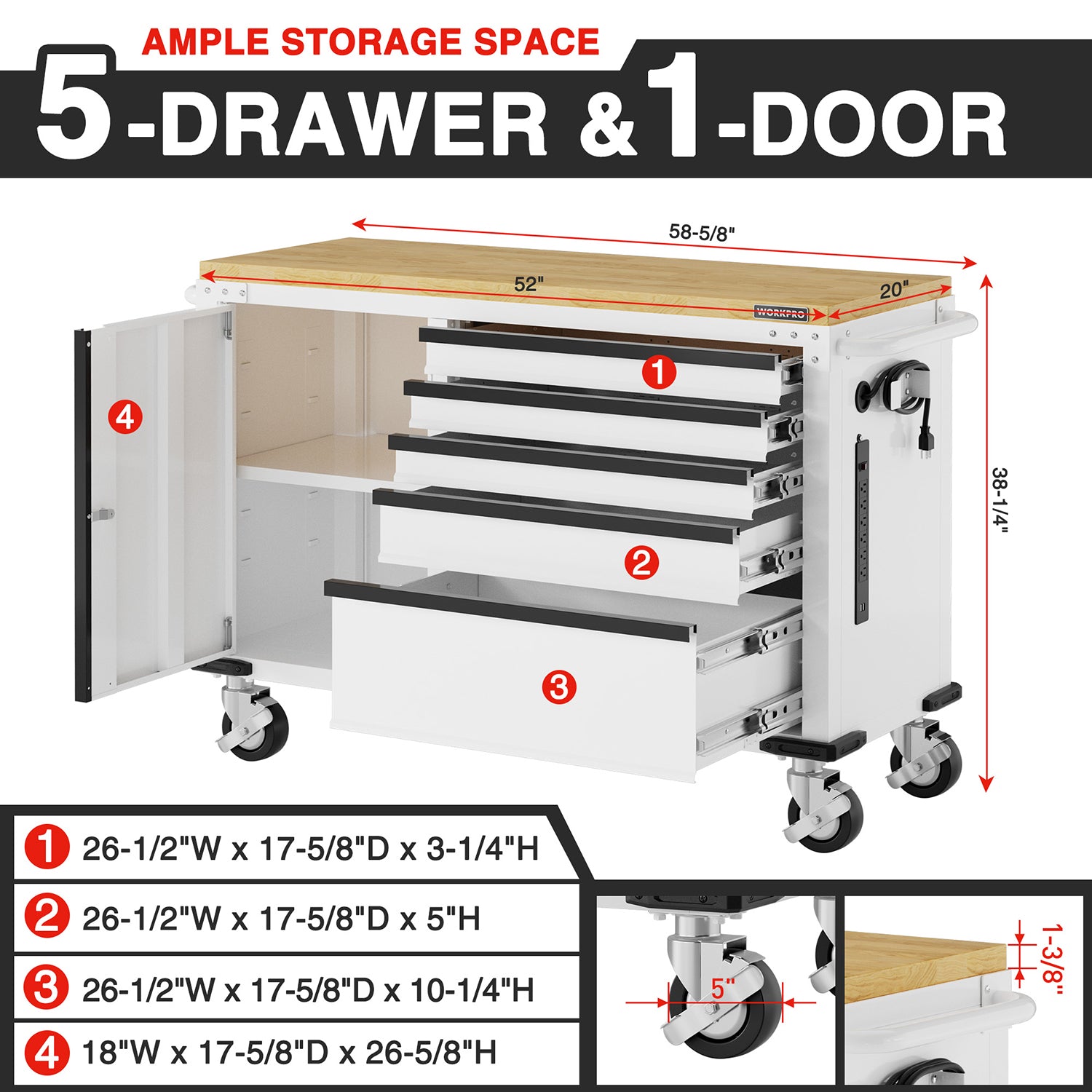 White 5-drawer and 1-door rolling tool chest with open storage compartments