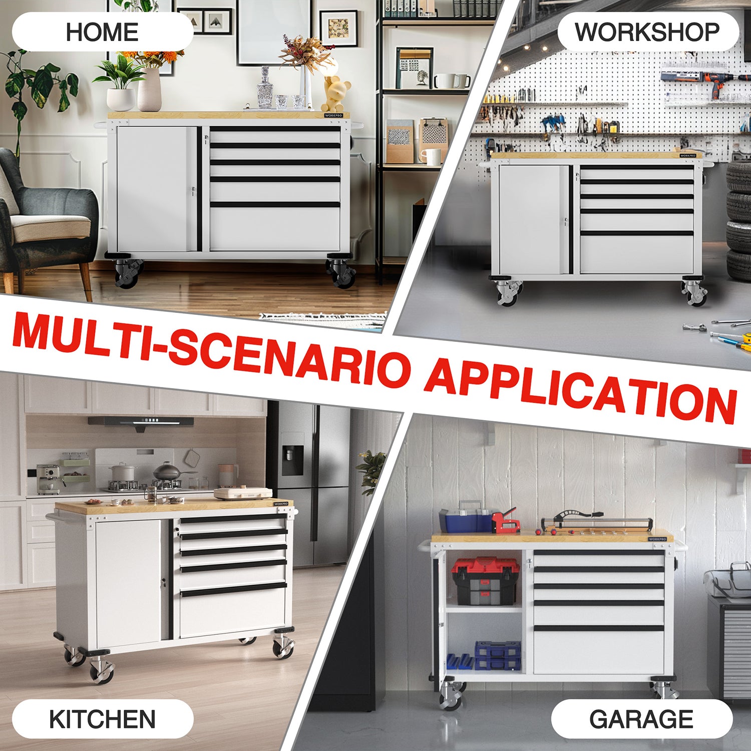 White rolling tool chest shown in a home workshop setup on caster wheels