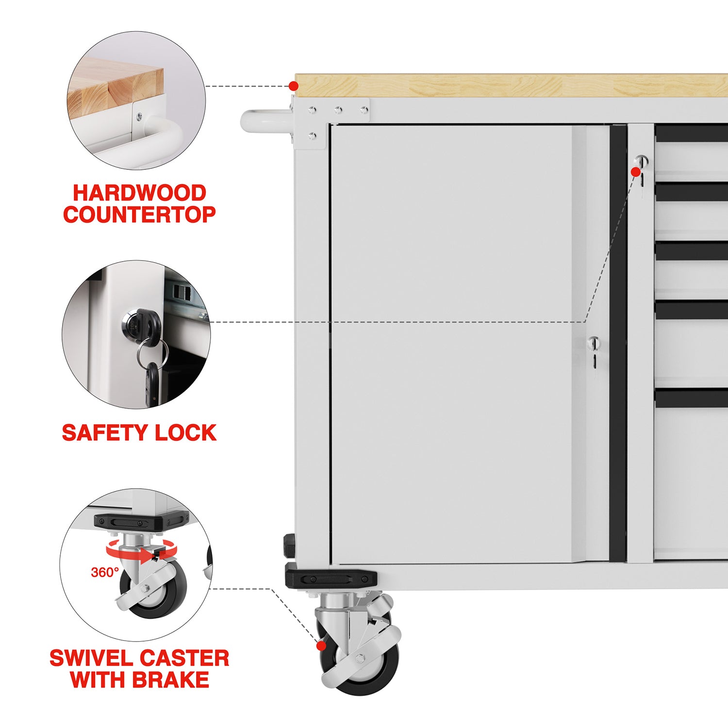White rolling tool chest with hardwood top and safety lock on caster wheels
